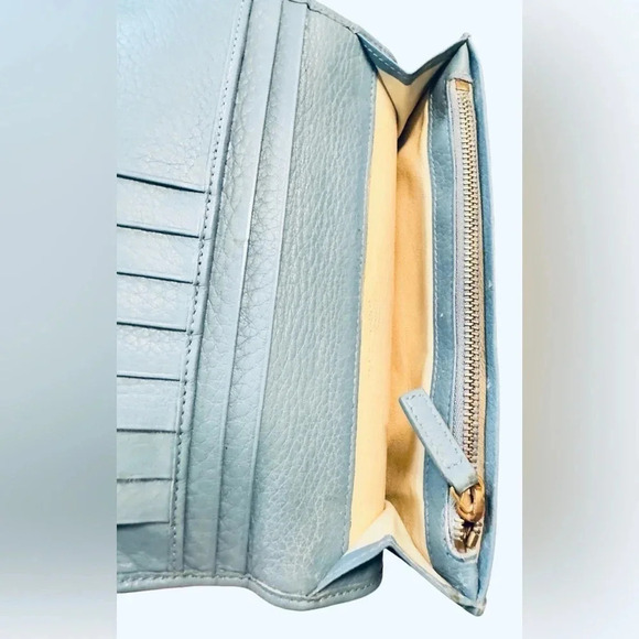 Rare Bvlgari Double Logo Blue Leather Flap Trifold Long Wallet - Picture 8 of 15